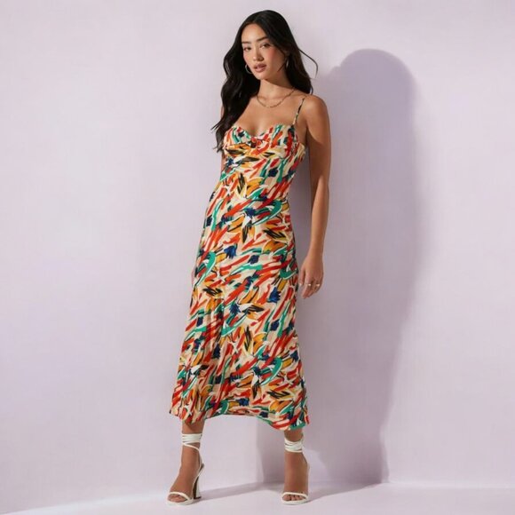 NWT ASTR THE LABEL Mariela Abstract Satin Dress | Orange Multi - Picture 2 of 5